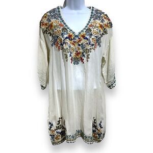 JOHNNY WAS Embroidered Tunic Dress 3/4 Sleeves Semi-Sheer Cupra Rayon Size M